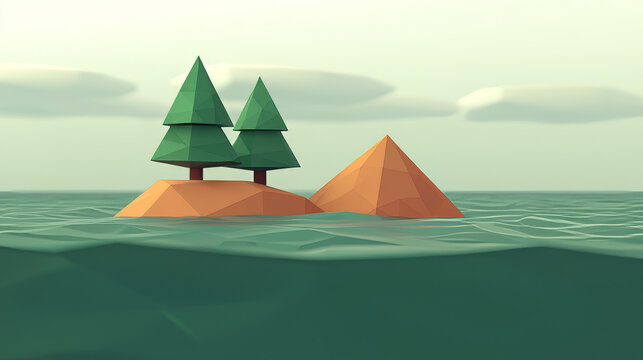 Low poly floating island with two pine trees and mountain, surrounded by calm ocean water under cloudy sky, evokes peaceful and serene atmosphere in minimalist style