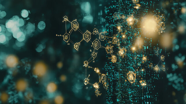 Abstract digital background molecule structure glowing hexagonal tiles floating particles teal and gold color futuristic science technology innovation data visualization
