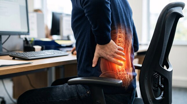 Side view profile of a man sitting at an office desk holding his lower back with a glowing red anatomical overlay of lumbar vertebrae and spinal column.