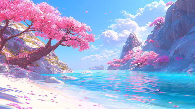 Cherry blossom tree turquoise water white sand mountain blue sky pink flower spring peaceful scenic nature landscape. tranquil scene with cherry blossom trees turquoise water white sand