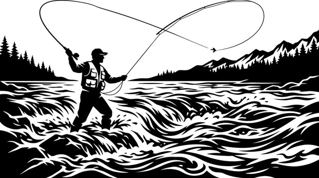 Fly Fisherman Casting Rod in Rushing River, Mountain Silhouette