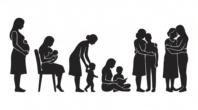 black silhouette vector icons illustrating the different stages of motherhood from pregnancy to adult child