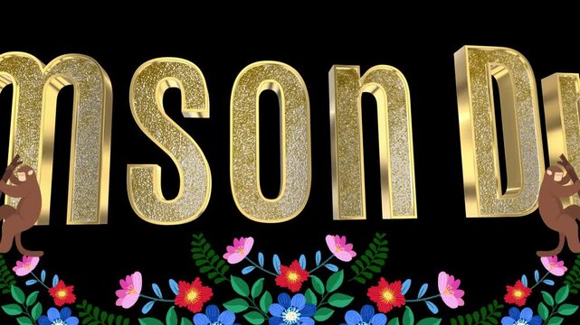 Gold 3D letters spelling mson Du are displayed against a black background decorated with colorful flowers and small cartoon monkeys.