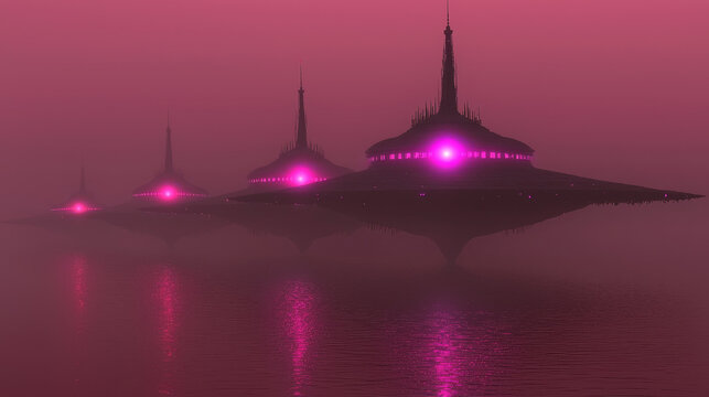 Futuristic floating islands with glowing pink lights, tethered above calm water in surreal misty landscape, evoke mysterious and otherworldly atmosphere