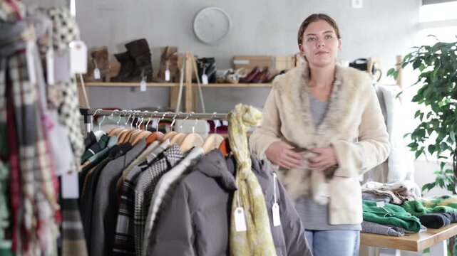 Beautiful young girl standing in modern clothing shop and trying new warm fur coat on sale of winter clothing collection