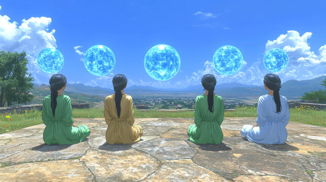 Women sitting outdoors on stone terrace, wearing colorful dresses, facing floating blue orbs under bright sky, peaceful landscape, mountains and village in background, serene atmosphere