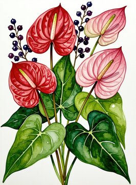 Watercolor painting of red, pink anthurium flowers with green leaves, dark berries. Botanical hand drawn art on white background. Tropical floral bouquet design elements for stationery wedding cards