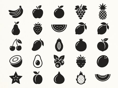 a collection of twenty-five simple black silhouette vector icons featuring various fruits on plain white