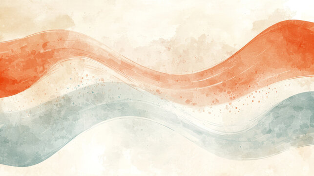 Abstract watercolor waves in coral and pale blue tones flow across textured beige background, creating calm and artistic atmosphere with organic shapes and soft gradients