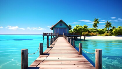 Fototapeta premium Tropical Wooden Pier Leading to Beach Hut Over Clear Water.