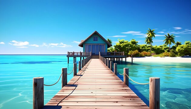 Tropical Wooden Pier Leading to Beach Hut Over Clear Water.