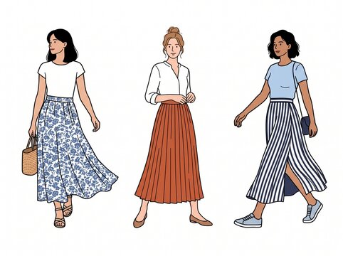 a flat vector illustration of three diverse women wearing stylish midi skirts and casual tops