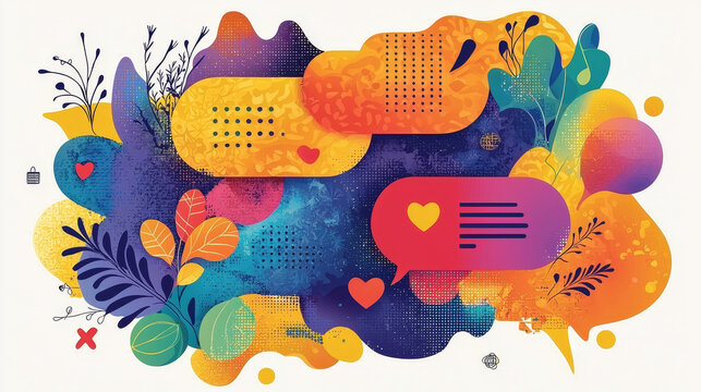 Colorful abstract background with floating panels, text overlays, line connector, vibrant gradient, foliage, geometric shapes, and playful communication elements