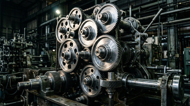 Industrial machinery with complex gears and cogs in a factory setting