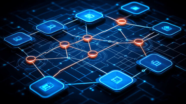 Floating panels text overlays line connector digital network glowing circuit technology futuristic blue orange abstract data flow innovation interconnected system modern interface cyber
