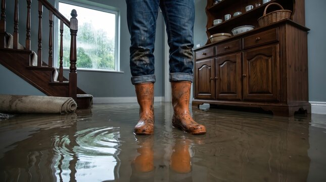 Low angle view of homeowner standing in flooded house interior after heavy rain storm natural disaster.