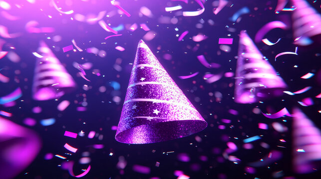 Floating party hats glitter confetti purple celebration festive vibrant joyful sparkling motion create lively atmosphere in this dynamic party scene