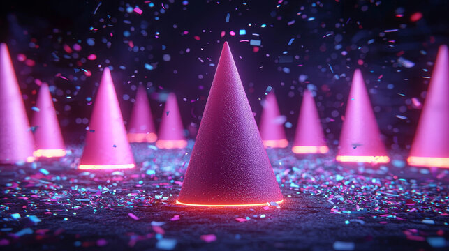 Floating party hats, glowing neon pink cones, confetti scattered on dark floor, festive celebration atmosphere, vibrant lighting, joyful mood, surreal scene