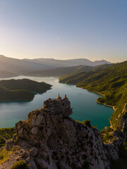 Fototapeta premium Breathtaking views of Bovilla Reservoir in Albania at sunset