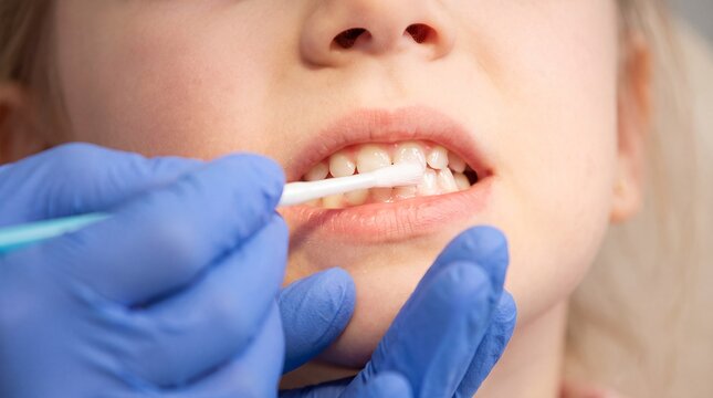 fluoride treatment child dentist teeth dental clinic pediatric preventive healthcare clinician applies protective liquid along a young patient front teeth with a brush for family healthcare content