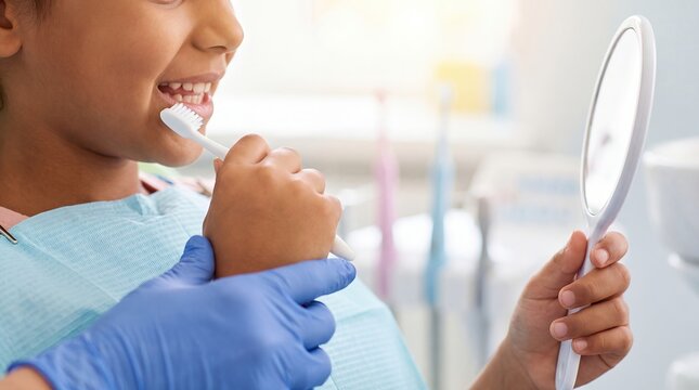 child brushing teeth hygienist dental clinic oral hygiene education mirror young patient practices brushing while a clinician guides the hand and provides a mirror for family healthcare content