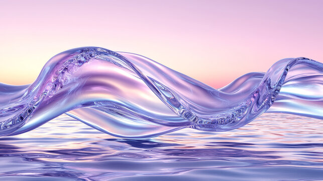 Iridescent wave glass texture abstract pastel color smooth surface reflective tranquil surreal fluid form modern art. Iridescent wave flows gracefully above reflective water surface featuring
