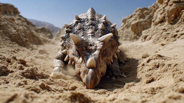 Styracosaurus Dinosaur in Desert: A detailed close-up of a Styracosaurus dinosaur in a sandy desert environment. Its impressive frill and horns are prominent against the arid landscape.