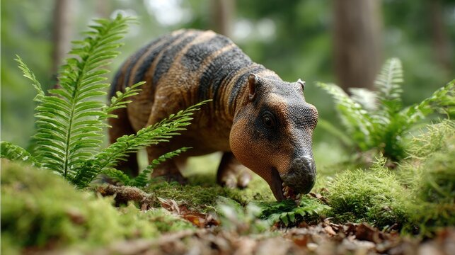 Ancient Forest Dweller: A detailed model of a prehistoric mammal, possibly a Lystrosaurus, navigates through a lush, moss-covered forest floor surrounded by vibrant ferns.