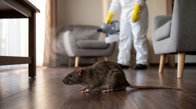 Close up shot of brown rat on wooden floor with pest control worker spraying chemicals in background.