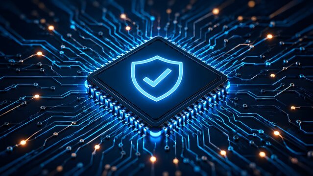 Computer microchip with glowing cybersecurity shield for hardware encryption and data protection