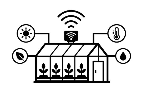 Smart Greenhouse Monitoring Environmental Conditions via Sensors Minimalist Black Outline Icon For Smart Agriculture and Agritech Interface User Design