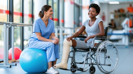 Fototapeta premium Healthcare provider and patient discuss recovery in rehabilitation facility.