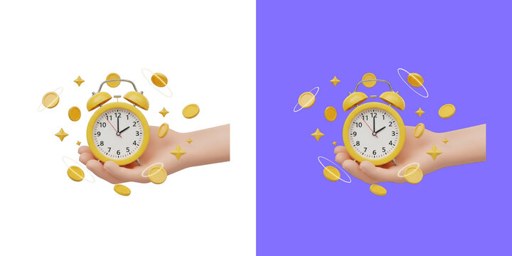 3D cartoon hand holding a yellow alarm clock with gold coins floating