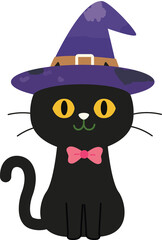 Fototapeta premium Cute Black Cat Wearing Purple Witch Hat and Pink Bow