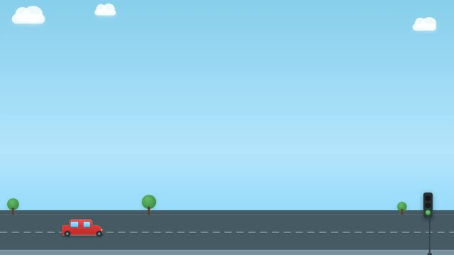 Red car driving along empty asphalt road towards a traffic light in this simple flat 2d animated motion video footage