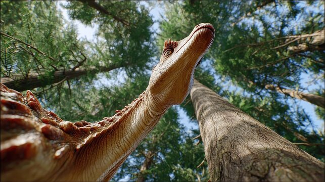 Ancient Forest Dweller: A close-up, low-angle shot reveals the textured scales and elongated neck of a dinosaur as it looks up through a canopy of towering ancient trees.