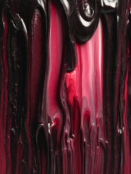 Dripping viscous liquid with glitter particles in shades of red and black