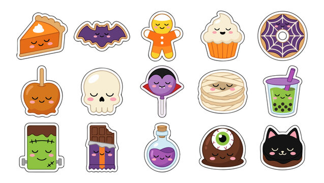Cute Halloween Icon Set with Ghost, Vampire, Candy Corn and Donut Stickers
