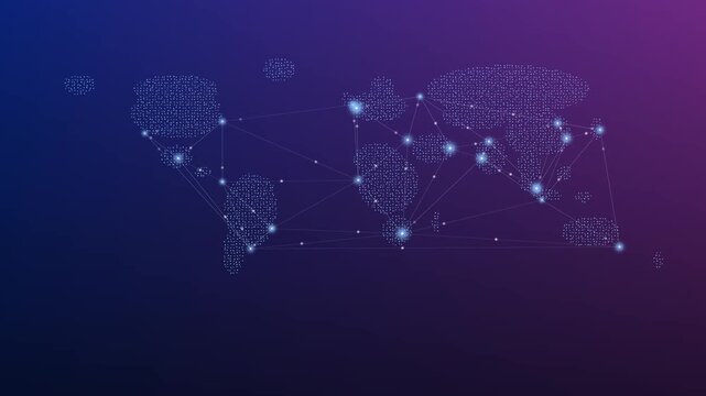 Digital world map with glowing network nodes, global connectivity data visualization, futuristic blue and purple technology background