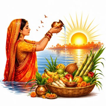 Indian woman celebrating chhath puja festival with offerings in water