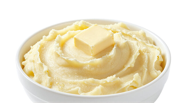 Bowl of homemade creamy mashed potatoes topped with melting butter isolated on white background
