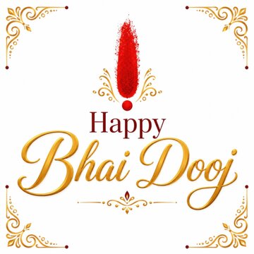 Happy bhai dooj greeting card design with golden text and red tilak