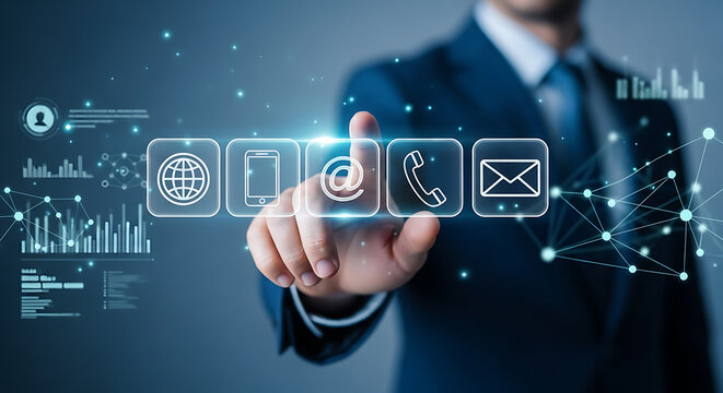 Businessman touching digital interface with contact icons and data analytics