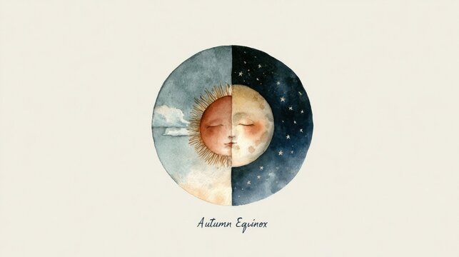 Watercolor autumn equinox illustration with celestial sun and moon face symbolizing equal day and night