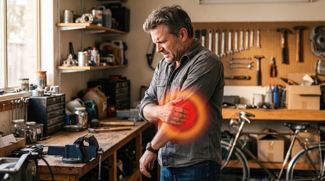 Man Holding Painful Elbow in Home Workshop, Repetitive Strain Injury and Occupational Health Concept
