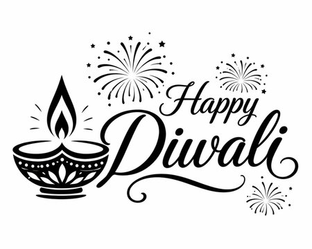 Happy diwali greeting card design with oil lamp and fireworks icon