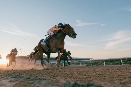 Jockey on a racing horse galloping through dust on a dirt track, featuring sweat-slicked coats and satin silks for equestrian sport promotion