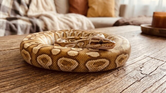 Ball python on a wooden table