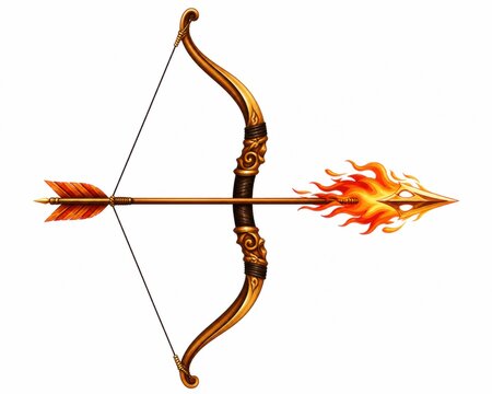 Wooden bow and flaming arrow burning with fire isolated on white