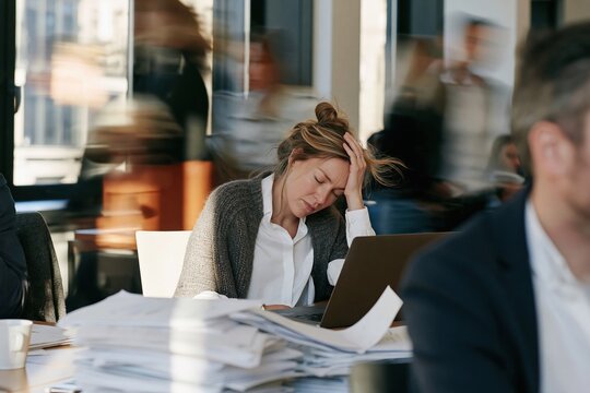 Overwhelmed woman sitting at a desk with her head in her hand, surrounded by motion blur in a busy office for workplace stress and mental health campaigns